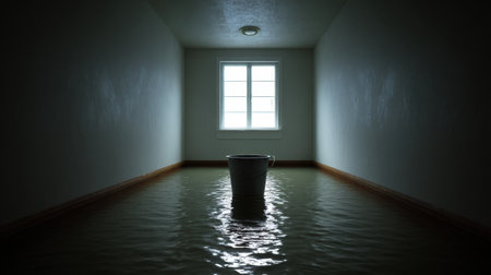 A dark and eerie scene showcases a bucket in a flooded room, illuminated by soft light from a window. This image evokes feelings of isolation and mystery.の素材