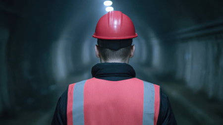 A safety worker wearing a helmet and reflective vest faces a dark industrial tunnel, prepared for inspection in a professional and secure environment.の素材