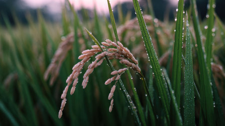 A serene close-up of dew-covered rice plants glistening under soft morning light, showcasing the beauty and tranquility of lush green agricultural fields.の素材