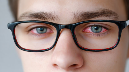 This close-up captures a young male with glasses, highlighting his striking red eyes and facial features in soft natural lighting, evoking emotions of fatigue.の素材