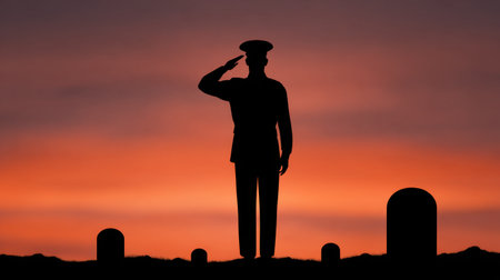 A poignant silhouette of a soldier saluting at sunset, surrounded by gravestones, captures the essence of honor and remembrance for fallen heroes.の素材
