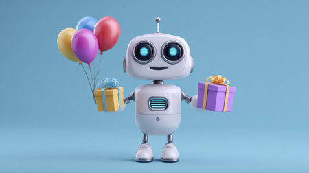 A cheerful robot character holding colorful balloons and gift boxes, perfect for celebration themes. This playful design showcases joy and fun.の素材
