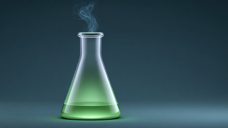 This image captures a laboratory flask filled with green liquid, emitting gentle steam, representing a scientific experiment in progress within a modern lab setting.の素材