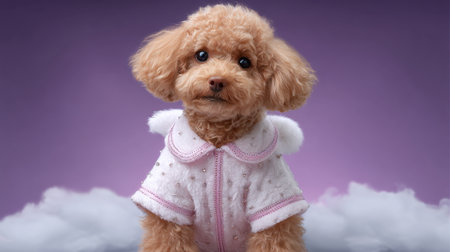 This charming image features a small fluffy dog dressed in an adorable angel costume, sitting among soft clouds against a vibrant background.の素材