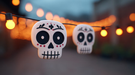 Colorful sugar skull decorations hang on a string, illuminating the beautiful evening atmosphere with warm lights. Perfect for festive events.の素材