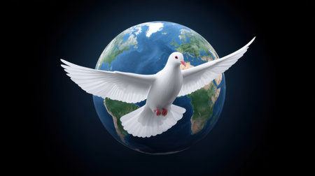 A stunning image of a white dove soaring gracefully above the Earth, symbolizing peace, hope, and unity across the globe, highlighting natural beauty.の素材