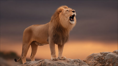 A powerful lion stands atop a rocky outcrop, roaring against a breathtaking sunset that paints the sky in various colors, showcasing the beauty of wildlife.の素材
