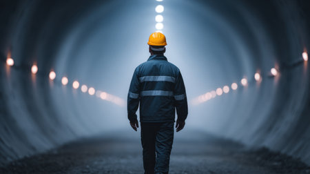 A construction worker in a hard hat walks down a tunnel illuminated by bright lights, showcasing the essence of industrial safety and exploration.の素材