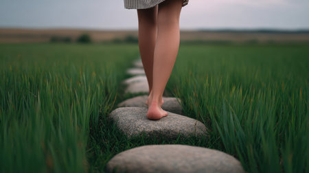 A tranquil scene featuring a woman walking barefoot on stone paths through a lush green field, embodying freedom and connection with nature.の素材