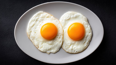 This vibrant image showcases two perfectly cooked sunny-side up eggs displayed on a white plate. The rich yellow yolks contrast beautifully against the white egg whites, creating a delightful breakfast or brunch option.の素材