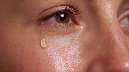 This intimate close-up captures the poignant moment of a single teardrop on a young person's cheek, highlighting emotional depth and skin texture.の素材