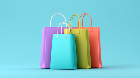 Bright and colorful paper shopping bags arranged on a vibrant blue background, ideal for use in retail promotions and marketing materials showcasing style.の素材