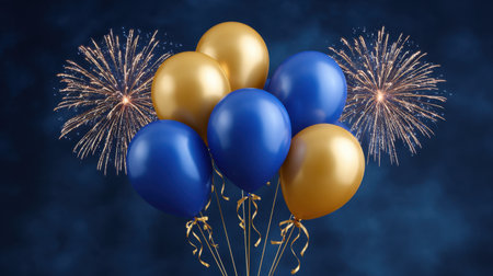 A captivating image showcasing vibrant blue and gold balloons against a dark background, illuminated by sparkling fireworks, perfect for festive celebrations.の素材