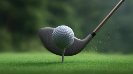 An impressive close-up capturing the moment a golf club strikes a golf ball teed up on a vibrant green fairway, reflecting the essence of the sport.の素材
