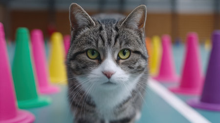 A curious domestic cat explores a vibrant indoor play area filled with colorful cones, showcasing its playful spirit and unique personality.の素材