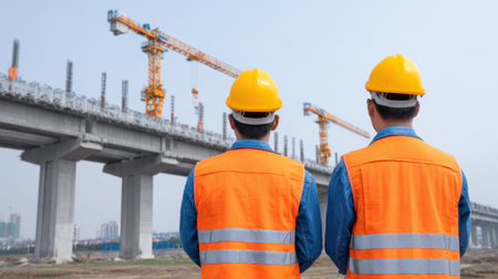 Two construction workers in safety gear observe the progress of a bridge development project featuring cranes and construction machinery against a clear sky.の素材