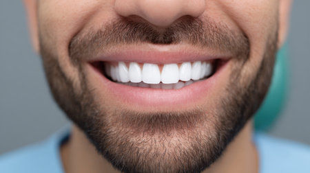 This close-up image captures a smiling man showcasing perfectly white teeth and a well-groomed beard. The neutral background emphasizes his facial expression of joy and confidence, ideal for healthcare and lifestyle themes.の素材