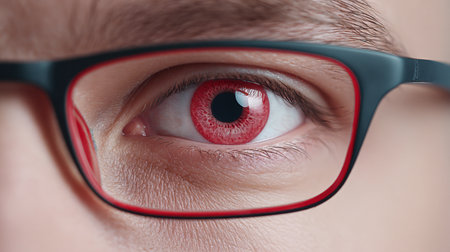 A striking close-up shot showcasing a human eye adorned with vibrant red contact lenses, framed by stylish glasses, highlighting exceptional detail and vividness.の素材