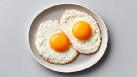 A close-up view of two sunny side up eggs on a round beige plate, showcasing the vibrant yellow yolks and white egg whites, ideal for breakfast imagery.の素材