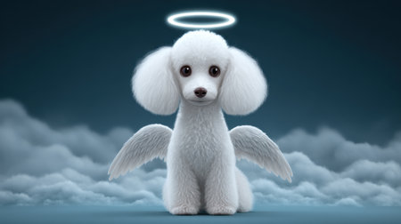 This enchanting image features a fluffy white dog with angelic wings and a halo, set against a dreamy cloud background. Perfect for conveying joy and whimsy.の素材