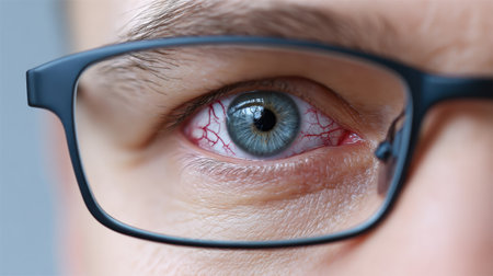 A striking close-up view of a human eye exhibiting bloodshot appearance, framed by black eyeglasses, showcasing intricate details and emotion.の素材