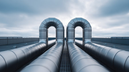 A striking industrial rooftop scene featuring shiny metallic ducts flowing towards a dramatic sky filled with clouds, showcasing modern engineering and design.の素材