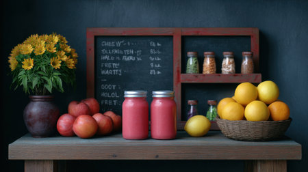 A charming display featuring vibrant fruits and handmade smoothies on a wooden table, accented by flowers and jars, perfect for a healthy kitchen vibe.の素材