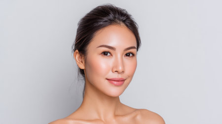 A stunning young woman showcases her natural beauty and radiance in a minimalist setting, exuding confidence and warmth with her serene expression.の素材