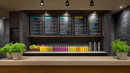 A modern juice bar showcasing a vibrant display of colorful smoothies, fresh fruits, and a stylish menu, inviting customers into a healthy lifestyle experience.の素材