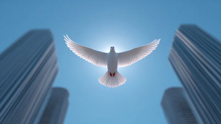 A stunning image of a white dove in flight above a modern city skyline. The powerful symbolism of peace and freedom comes alive against a bright blue sky, showcasing the contrast between nature and urban architecture.の素材