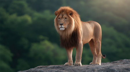 A striking lion is seen standing on a rocky surface, exuding majesty and strength, set against a vibrant backdrop of a lush green forest.の素材