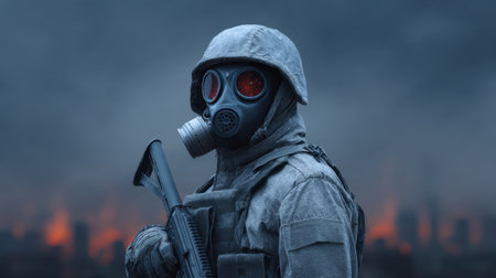 This compelling image features a soldier in a gas mask holding a weapon, set against a backdrop of smoke and destruction, conveying themes of conflict and survival.の素材
