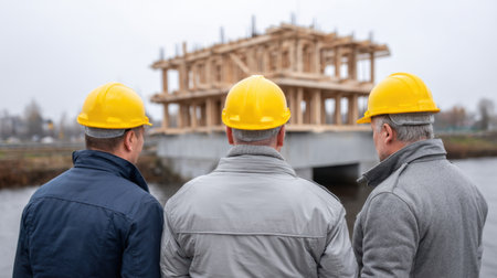 Three construction workers wearing yellow hard hats stand by a river, observing a wooden building structure, showcasing teamwork and project progress on a cloudy day.の素材