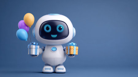 A cheerful cartoon robot character stands against a blue background, holding colorful balloons and gifts, embodying the spirit of celebration and happiness.の素材