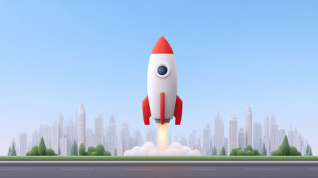 A captivating illustration of a retro rocket launching into the clear sky above a modern city skyline, symbolizing innovation and progress in technology.の素材