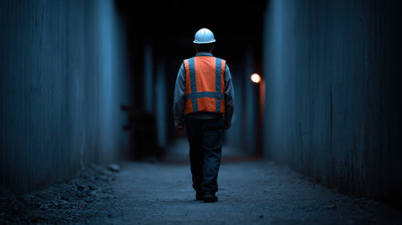 A construction worker wearing a high-visibility vest and helmet walks alone through a dimly lit tunnel, creating a mysterious yet focused atmosphere.の素材
