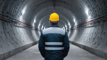 A worker wearing a yellow helmet and reflective jacket stands facing a dimly lit underground tunnel, highlighting the industrial atmosphere of construction and engineering.の素材