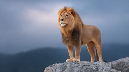 A majestic lion stands proudly on a rock outcrop, showcasing its stunning golden mane against a dramatic sky. This portrait captures the essence of wildlife.の素材