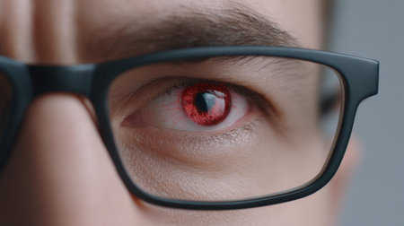 This close-up image captures a man's striking eye featuring a vivid red iris and stylish glasses, reflecting light dramatically, highlighting unique features.の素材