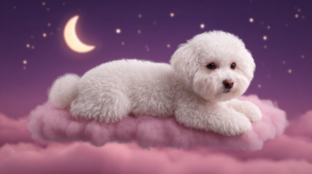 A fluffy bichon frise dog rests peacefully on a soft pink cloud under a serene night sky, illuminated by a gentle moon and scattered stars.の素材
