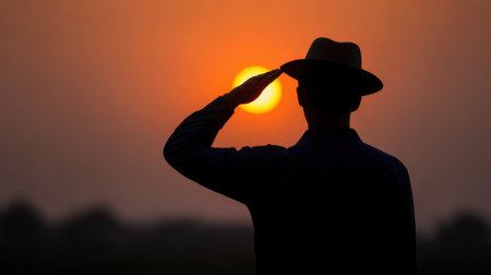 A silhouette of a person saluting the sunset, creating a serene atmosphere. The warm colors of dusk enhance the feeling of tranquility and reflection in nature.の素材