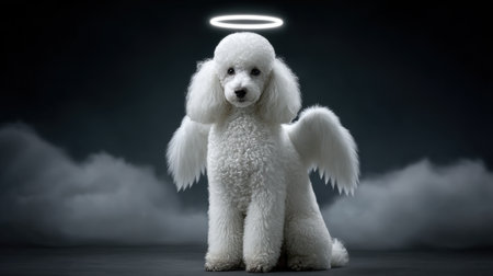 This enchanting image features a white poodle adorned with an angel halo and wings, surrounded by mist against a dark backdrop, evoking whimsy and serenity.の素材