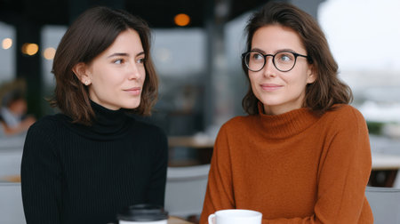Two women engage in a heartfelt conversation at a cozy cafの素材