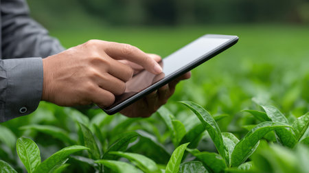 A close-up view of a hand interacting with a tablet amidst a lush green tea field, highlighting the intersection of technology and agriculture in rural settings.の素材