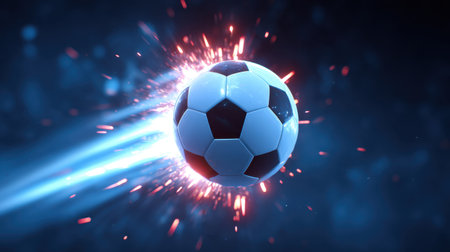 A dynamic image showcasing a soccer ball in motion, surrounded by sparks and vibrant light effects against a dark blue backdrop, perfect for sports themes.の素材