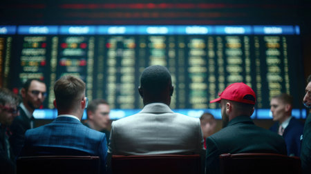 A dynamic scene of a business meeting in a stock exchange where professionals focus on financial data displayed on a digital board, emphasizing teamwork.の素材