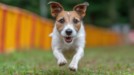 A joyful dog runs across a lush green lawn in a park, embodying vitality and playfulness. The colorful backdrop adds a vibrant touch to the scene.の素材