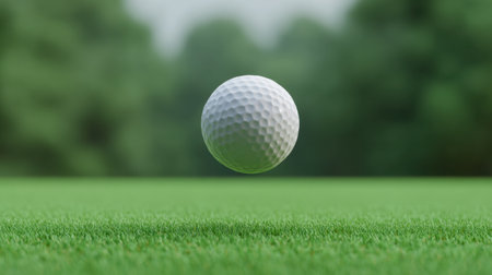 A close-up view of a white golf ball hovering just above a vibrant green grass surface, set in a tranquil outdoor environment highlighted by soft natural light.の素材