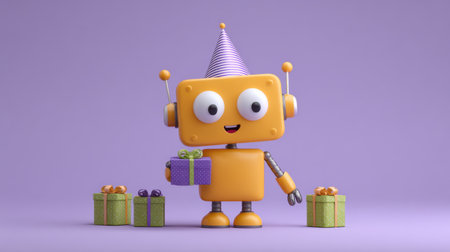 This whimsical cartoon robot features a cheerful expression, wearing a party hat and holding a vibrant gift, perfect for celebrating any occasion.の素材