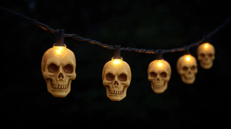 A striking image of a string of glowing skull decorations, perfect for enhancing Halloween themes or spooky party atmospheres. Ideal for setting an eerie mood.の素材
